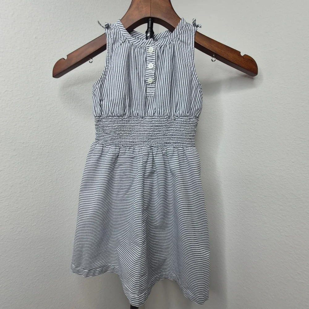 Carters Girls 5T Blue‎ White Striped Smocked Waist Cotton Sun Dress Bow Nautical
